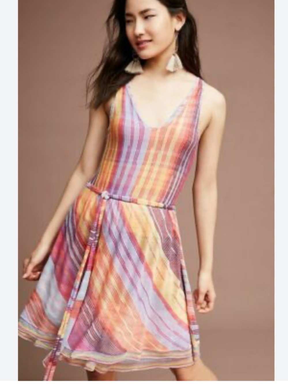 Anthropologie Striped V-Neck Mini Dress in Pink, Orange, Yellow & Blue